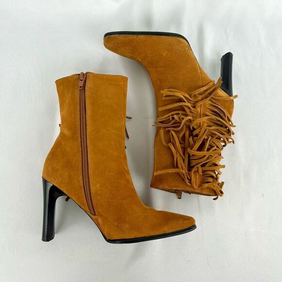 Predictions Tan Genuine Leather Suede Western Heeled Boots with Tassels - Picture 4 of 8